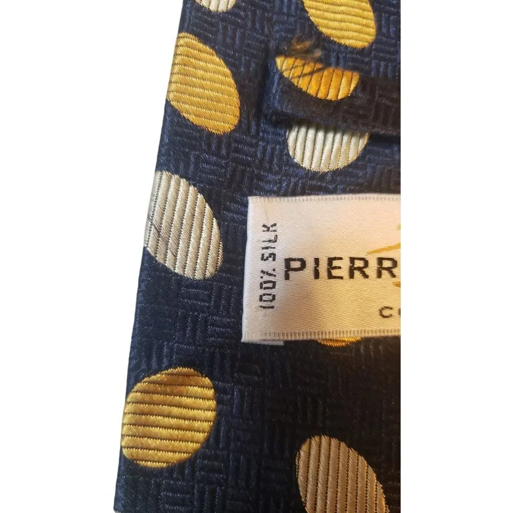 Pierre Balmain Couture Neck Tie Mens 100% Silk Navy Yellow Polka‎ Dots Business